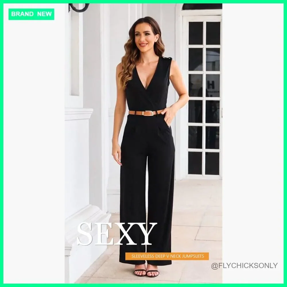 Polyester and Spandex Jumpsuit with V-Neck and Wide Leg Pants